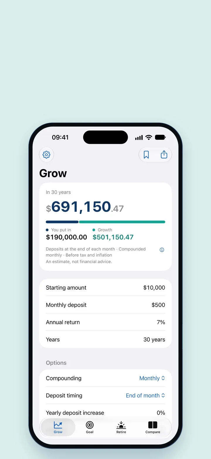 Compounder on iPhone showing $691,150.47 after 30 years
