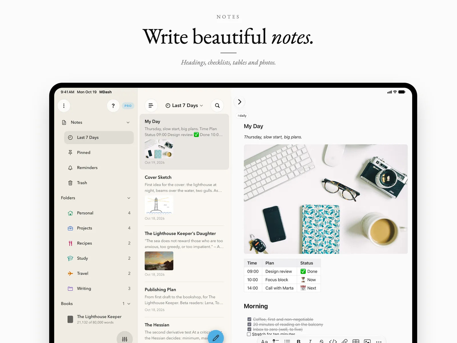 MDash mode on iPad showing a formatted daily note with a photo and a table