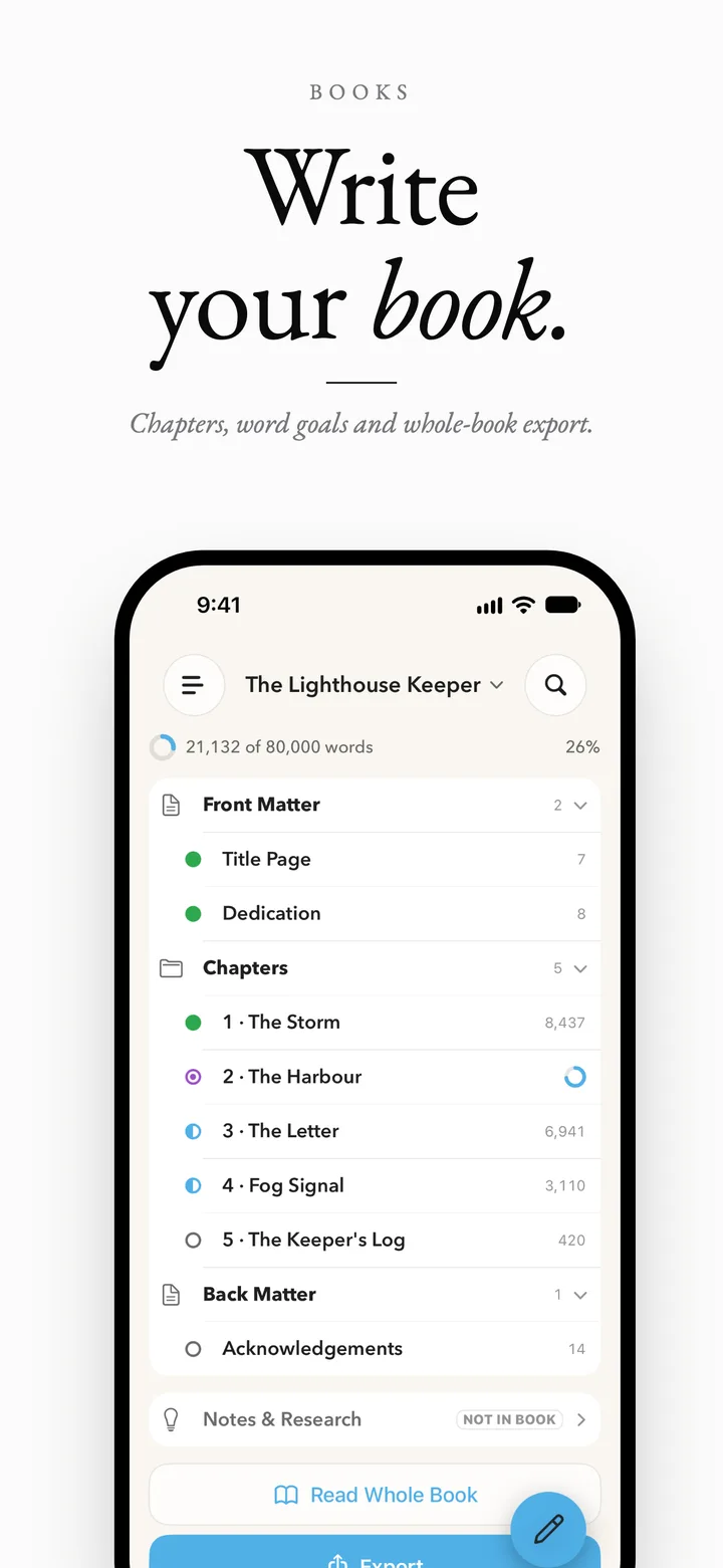 MDash on iPhone showing a book's chapters with status dots and a word goal