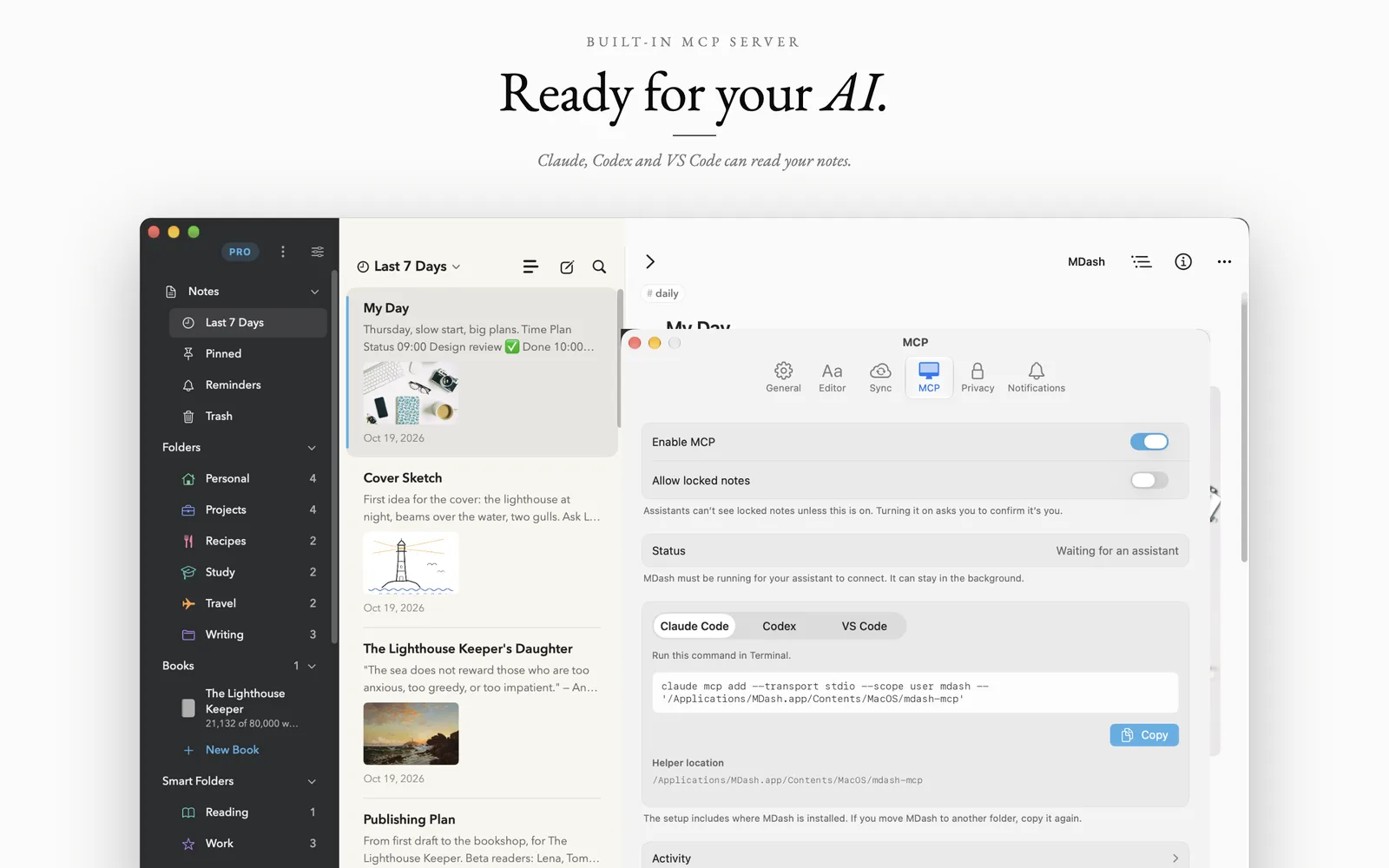 MDash on Mac with Settings showing the built-in MCP server
