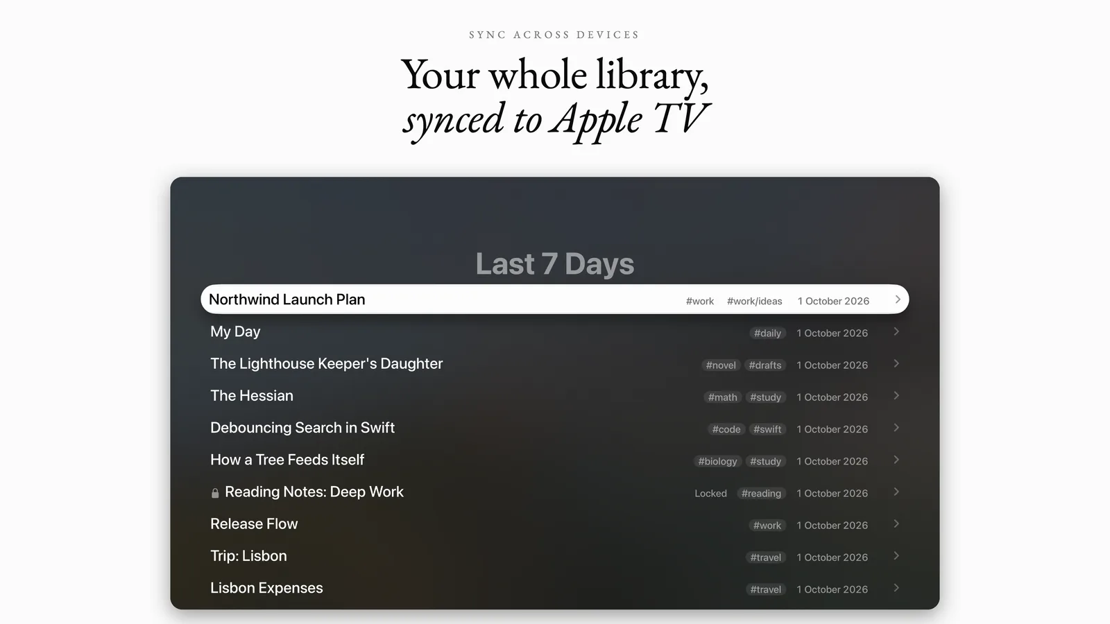 MDash on Apple TV showing the synced Last 7 Days list